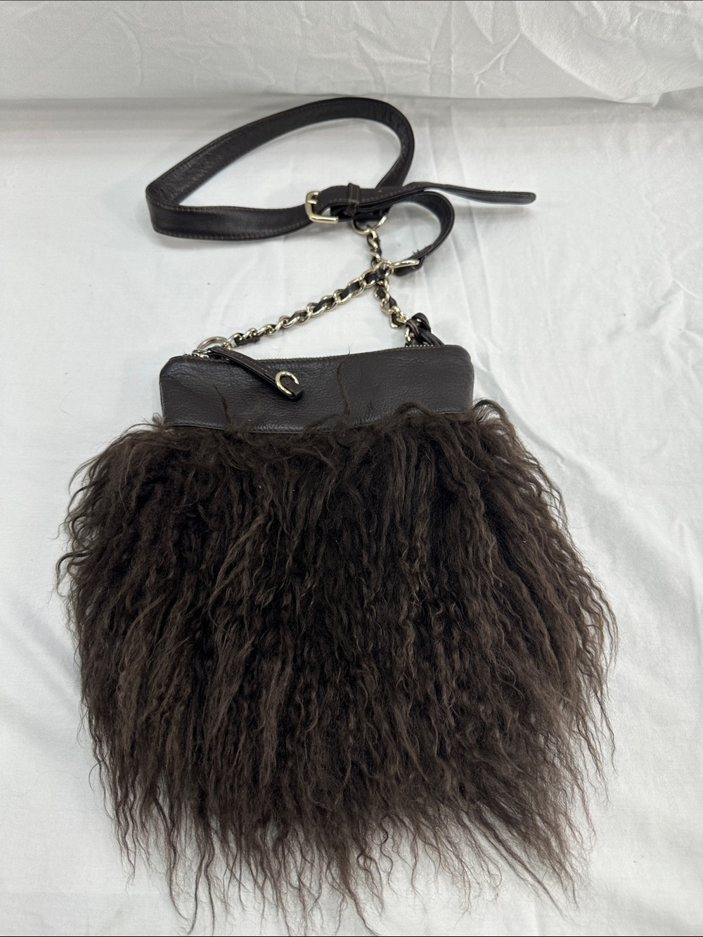 Aqua Madonna Mongolian Lamb Fur W/Leather Trim Shaggy Shoulder Boho Bag Purse